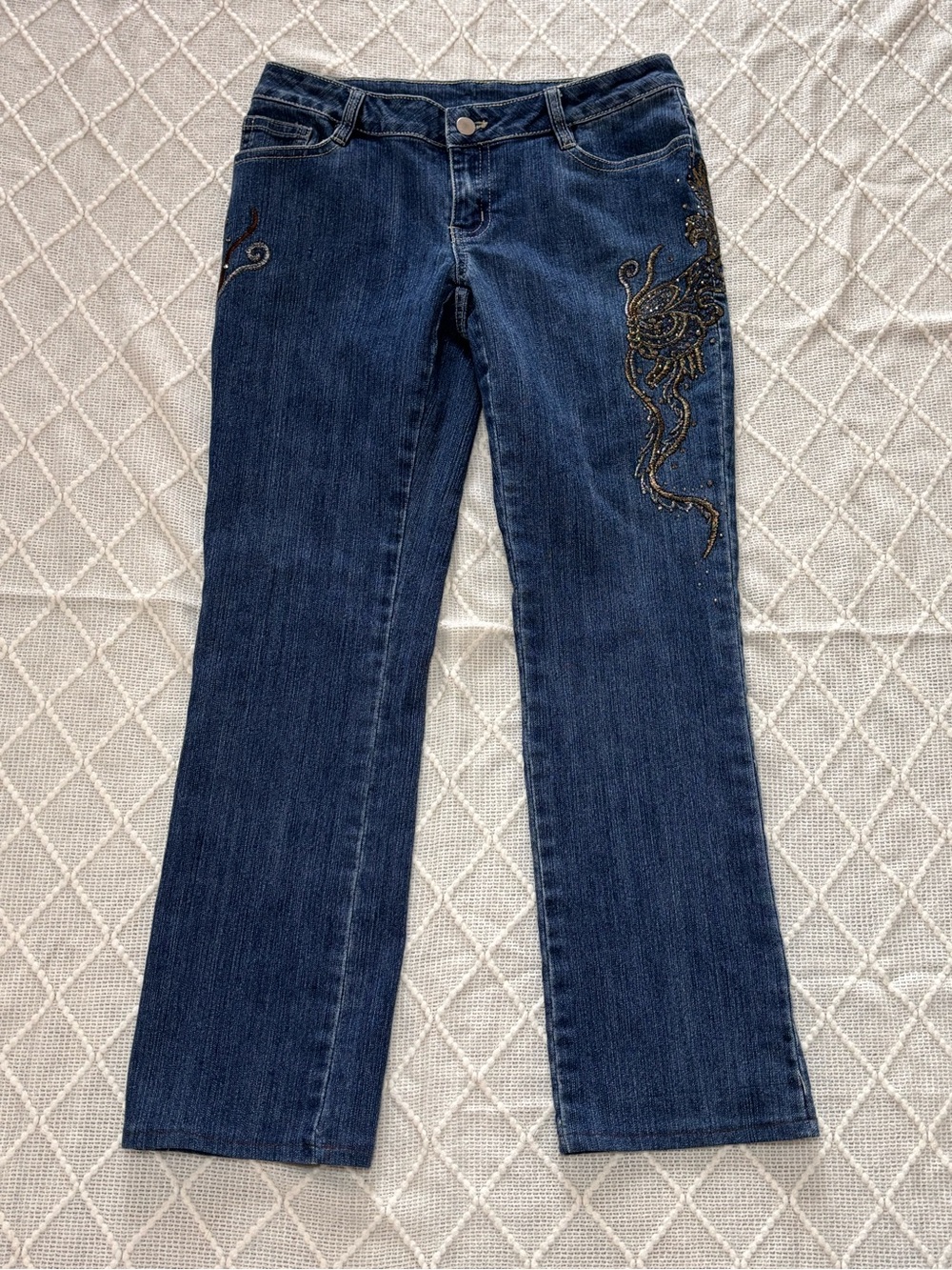 Boston Proper Vintage Embroidered Jeans Denim Low Mid Rise Phoenix Dragon Size 2